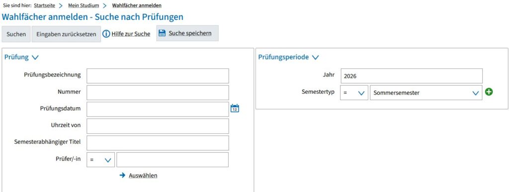 Screenshot from campo showing the search screen “Register for electives” filtered by examination and examination period.