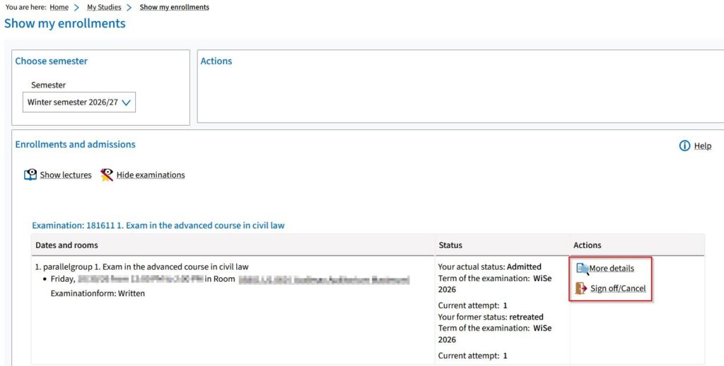 Screenshot from campo showing an example for an entry in “Show my enrollments”; the actions are highlighted.