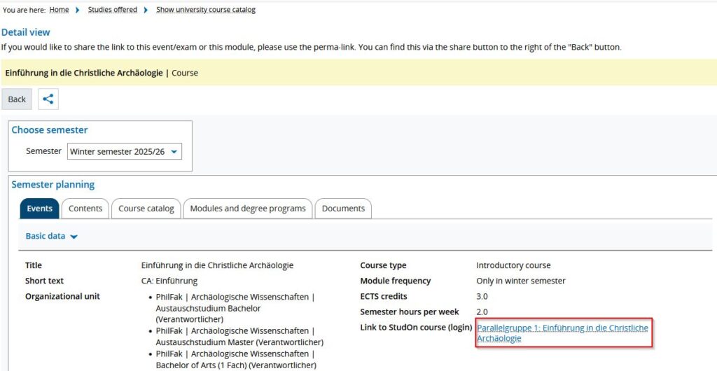 Screenshot from campo showing the detailed view of a course. The tab “Dates” is expanded and highlighted, as is the link to the course on StudOn.