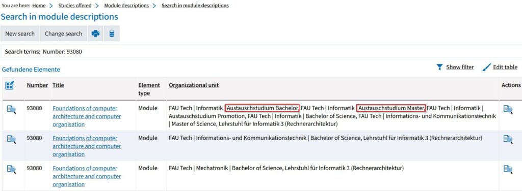 Screenshot from campo showing the results of a search. “Austauschstudium Bachelor” and “Austauschstudium Master” are highlighted.