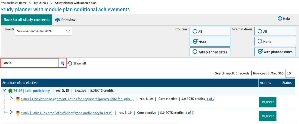 Screenshot from campo showing an overview of additional achievements. The search box for “Latin” is highlighted, and in the lower section you can see examples of examinations with the button for registering.