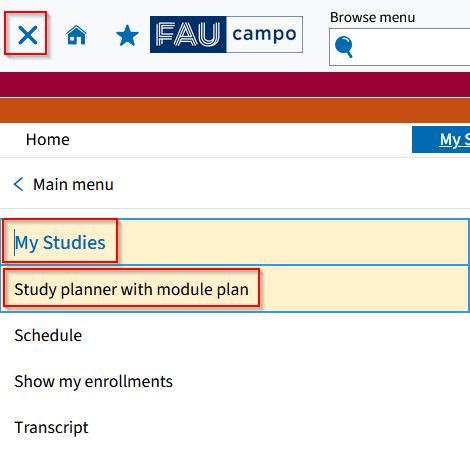 Screenshot from campo showing the expanded main menu with the options “My studies” and “Study planner with module plan”.