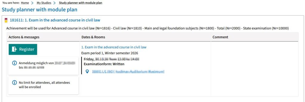 Screenshot from campo showing an example of the screen for registering for an examination with the details of the examination and the registration button.