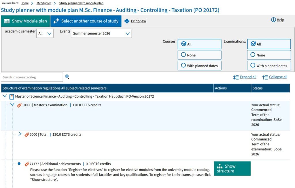 Screenshot from campo: Example of a study planner