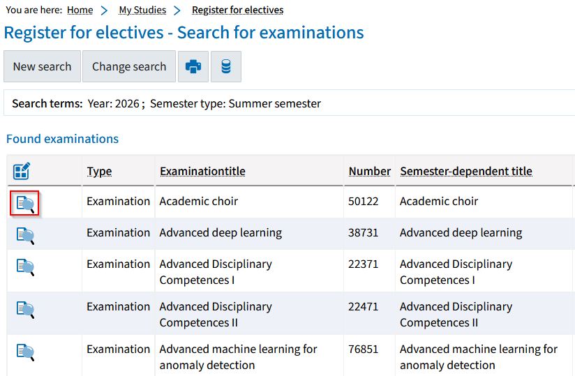 Screenshot from campo showing the results list for electives. The magnifying glass icon in the first column is highlighted.
