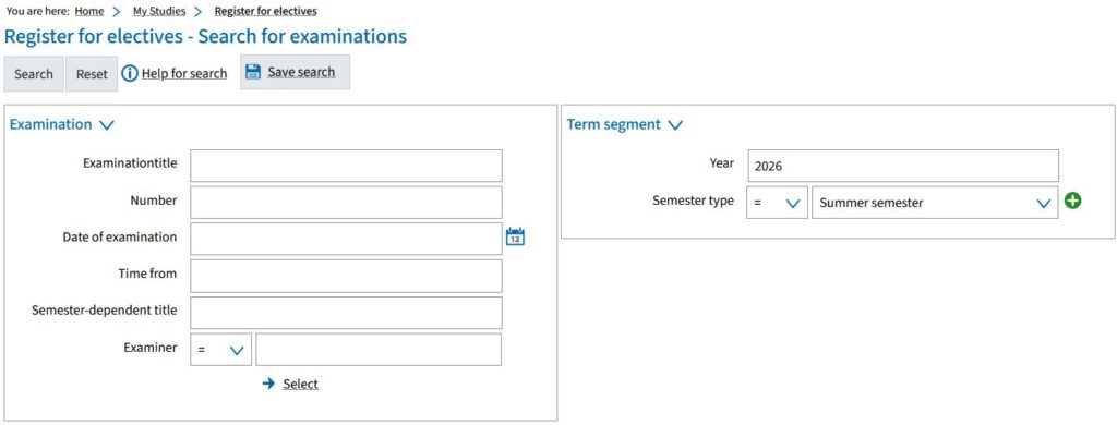 Screenshot from campo showing the search screen “Register for electives” filtered by examination and examination period.